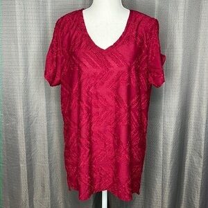 PEACE & PEARLS XL BURGUNDY V NECK BLOUSE SHORT SLEEVES